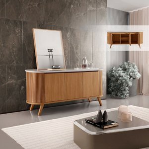 Buffet Aparador 3 Portas Ripado com Pés em Madeira Maciça Luna