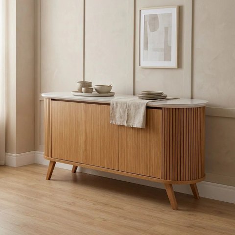 Buffet Aparador 3 Portas Ripado com Vidro e Pés Madeira Maciça 164cm Luna Castanho Cinamomo/Off White