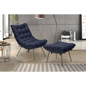 Poltrona Costela Luxo com Puff Adão Preto - Veludo Azul