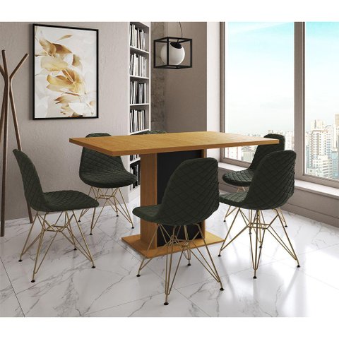 Mesa Jantar Londres Retangular Canela 137x90 Base Preta 6 Cadeiras Estofadas Verde Base Dourado