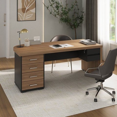Mesa para Escritório em Tamburato com 6 Gavetas Design Curvo Marrom/Nogal/Preto Artany