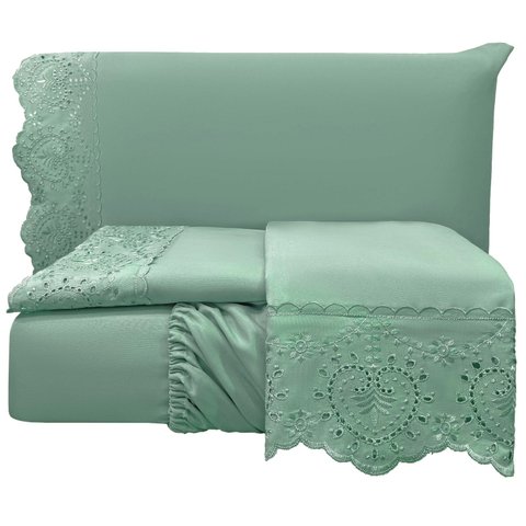 Jogo Lençol Queen Passione Bordado Inglês 4 Pçs Verde