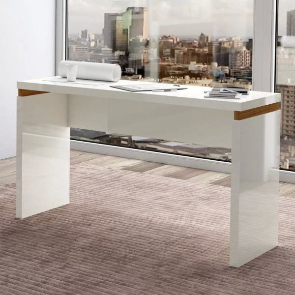 Mesa Escritório 120cm com Tampo de Vidro Tc144V Offwhite/Freijó-Dalla Costa