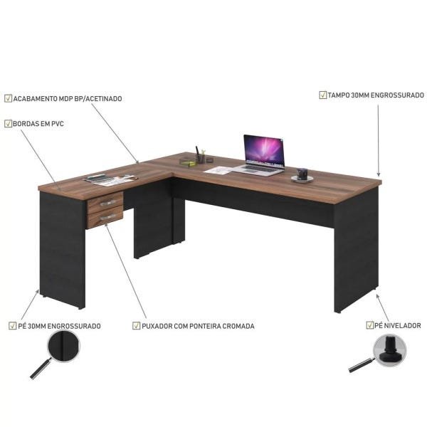 Mesa para Escritório Home Office em L Diretor W30 180x160cm Nogal com Preto Onix - Lyam Decor - 3