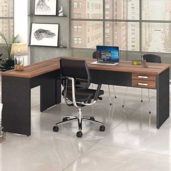 Mesa para Escritório Home Office em L Diretor W30 180x160cm Nogal com Preto Onix - Lyam Decor - 2