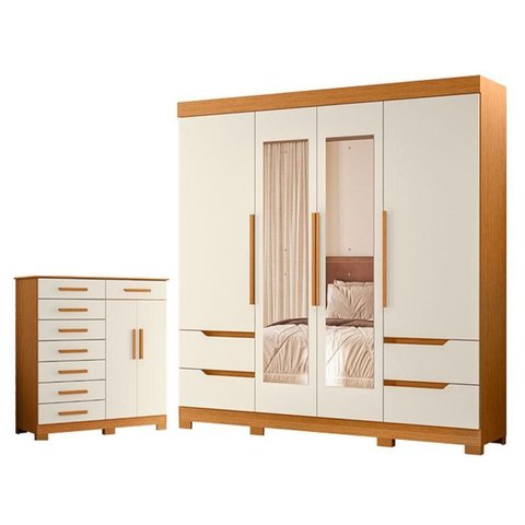 Guarda Roupa Solteiro Vivacce 04 Portas com Espelho e Cômoda Verona 08 Gavetas Cinamomo Off White