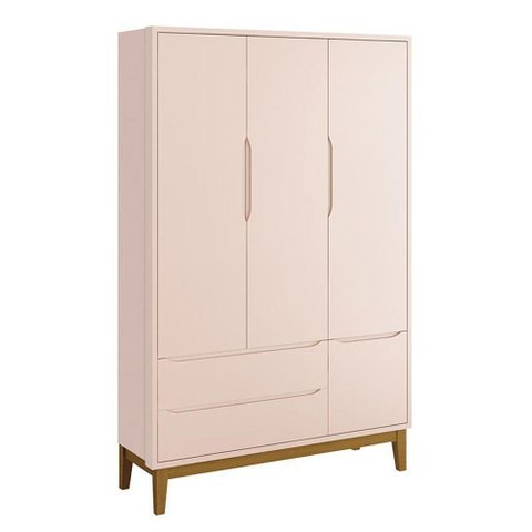Guarda Roupa Infantil 3 Portas Classic Rosa Fosco com Pés Amadeirado - Reller Móveis Rosa Fosco