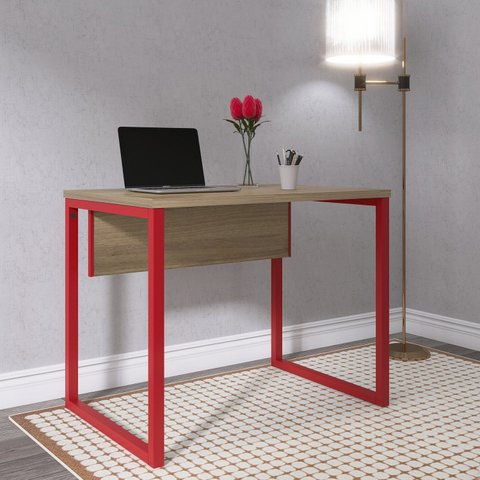 Escrivaninha Mesa Escritório PE25 90cm Noce Naturalle e Vermelho Cinza/Marromle