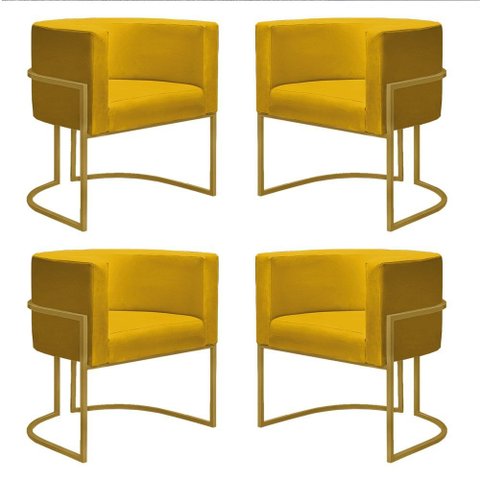 Kit 4 Poltronas Reforçada Decorativa Sala Nayara Base Ferro Dourado Suede Amarelo