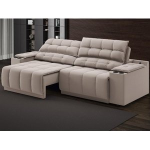 Sofá com Porta Copos Carregador Usb Ret Rec Samurai 2,30m Velosuede Bege - Netsofas