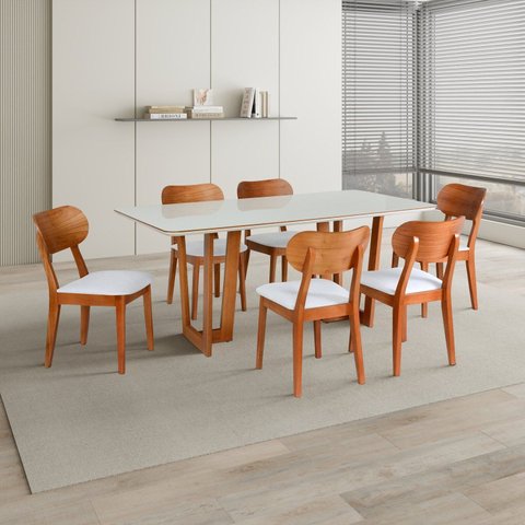 Conjunto Mesa Grécia com 6 Cadeiras Madeira Maciça, Multilaminada e Estofada Letícia Yescasa Off Whi