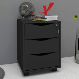 Gaveteiro com Rodízios Face 3 Gavetas Preto com Chave - Artany - 1