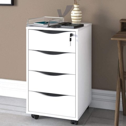 Gaveteiro com Rodízios Bit 4 Gavetas com Chave Branco - Artany