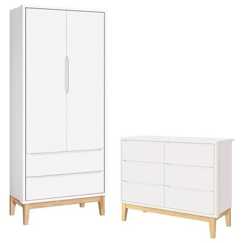 Cômoda 6 Gavetas e Guarda Roupa 2 Portas New Classic Branco com Pés Madeira Natural- Reller