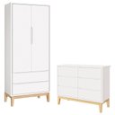 Ver imagem 1 de Cômoda 6 Gavetas e Guarda Roupa 2 Portas New Classic Branco com Pés Madeira Natural- Reller
