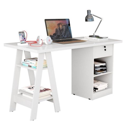 Mesa Escrivaninha para Escritório 1 Gaveta com Chave Boreal Branco