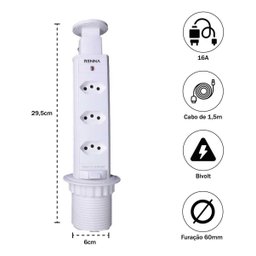 Torre de Tomadas Multiplug 3 Tomadas Branco Renna - 4