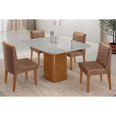 Sala Jantar Mesa Maldivas Tampo C/ Vidro Curvo 90cm+4 Cadeiras Maldivas Madeira Naturale/off White