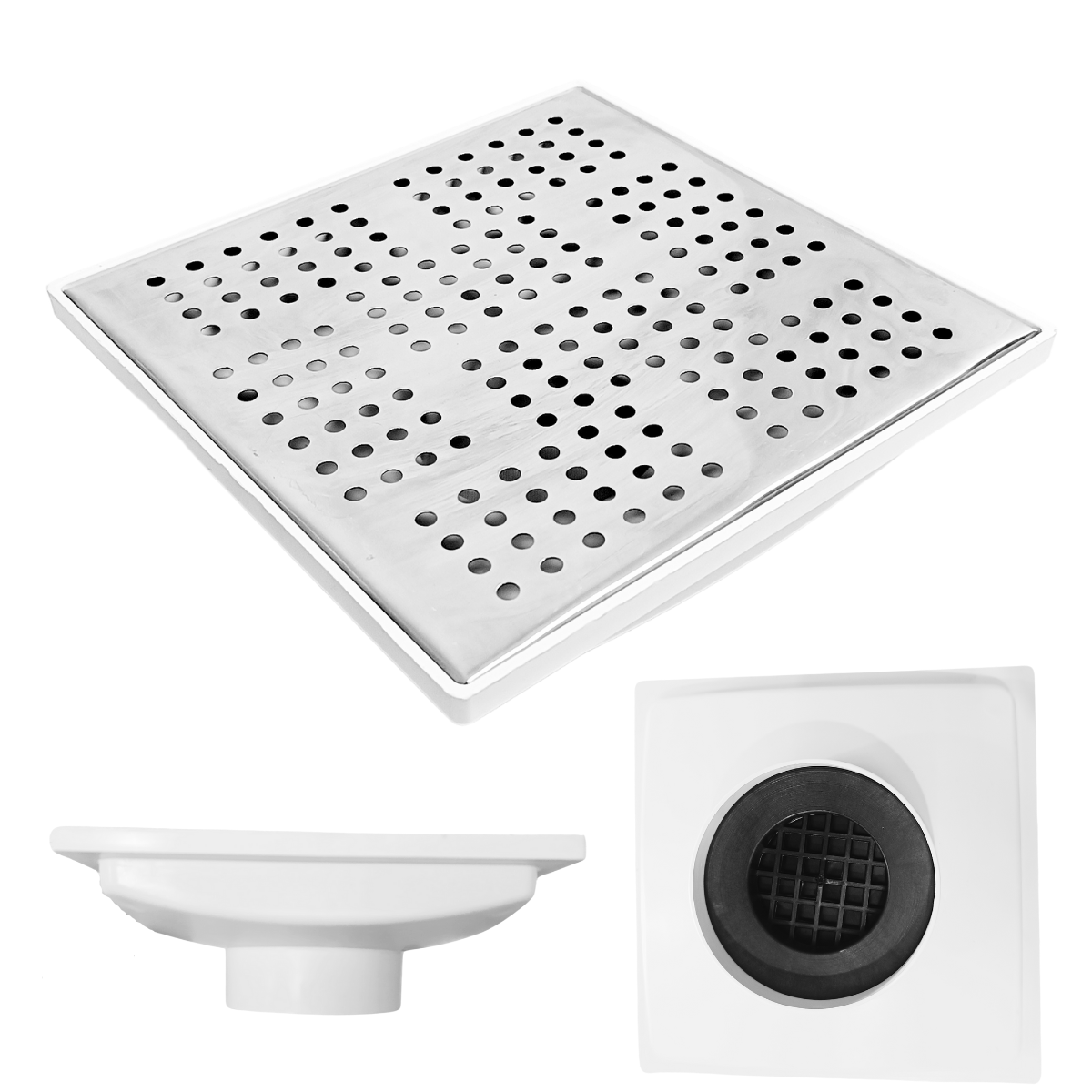 Ralo Anti Cheiro 20x20 Inox Espelhado Coletor Branco Saída 100mm - 1