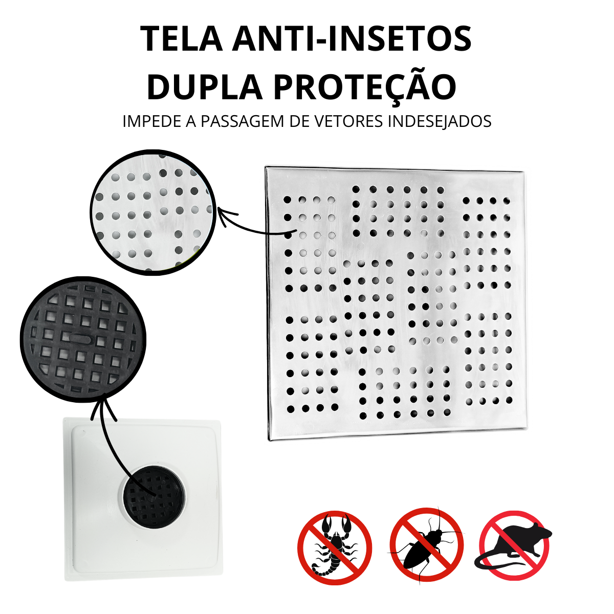 Ralo Anti Cheiro 20x20 Inox Espelhado Coletor Branco Saída 100mm - 2