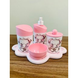 Kit Higiene Elefantinho Baby - Rosa C/bandeja Nuvem Rosa - 1