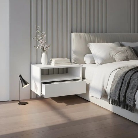 Mesa de Cabeceira Nicho com Gaveteiro Suspenso de Parede Off White Laca
