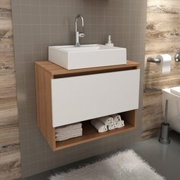 Balcão Gabinete Armário Suspenso 60 cm Sem Cuba 1 Porta 1 Nicho Banheiro Marrom Madeira e Branco - 1