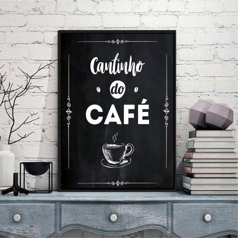Quadro Escrito Cantinho Do Café 33x24cm - com vidro:Madeira branca