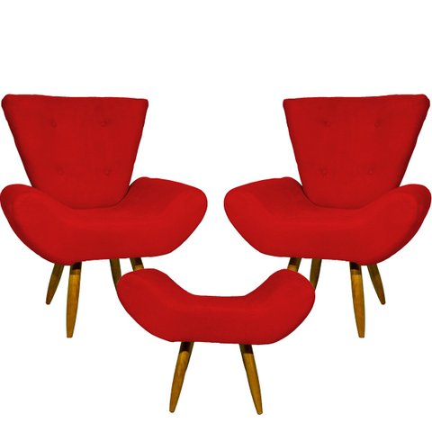 Kit 2 Poltronas Decorativas Para Sala Recepção Escritório Consultório + Puff Emilia Suede
