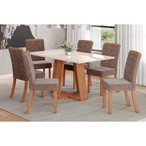 Conjunto: Mesa Sala Jantar Lins C/ Tampo Madeirado C/ Vidro 160x90cm e 6 Cadeiras Esther Nature/