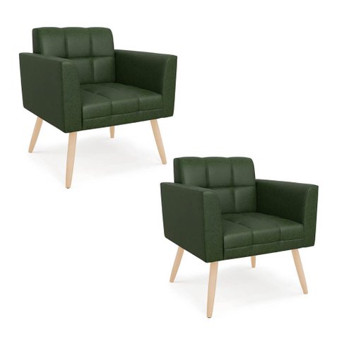 Poltrona Sala Decorativa Kit 2 Elisa Pé Palito Castanho Sintético Pu Verde D03 - D’Rossi