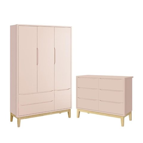 Jogo de Quarto Infantil Classic Guarda Roupa 3 Portas e Cômoda 6 Gavetas Rosa Fosco com Pés Madeira