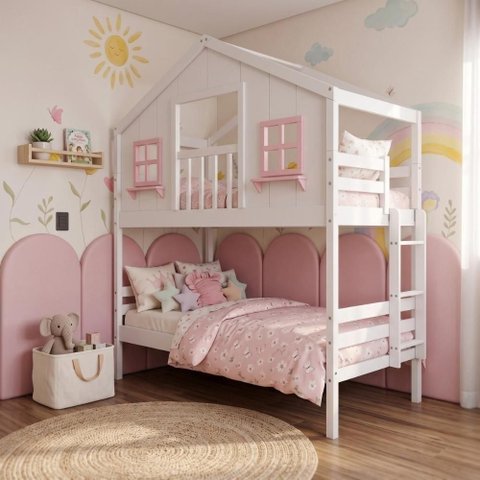 Beliche Solteiro Casinha Dos Sonhos com Varanda Madeira Maciça Branco Rosa Housin