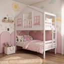 Ver imagem 1 de Beliche Solteiro Casinha Dos Sonhos com Varanda Madeira Maciça Branco Rosa Housin