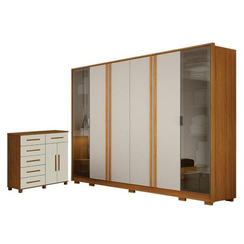 Guarda Roupa Casal Prime 6 Portas com Cômoda São Paulo 6 Gavetas 2 Portas Cinamomo Off White –