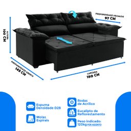 Sofá Preto Compact Retrátil e Reclinável 180cm com Molas Espirais - 3