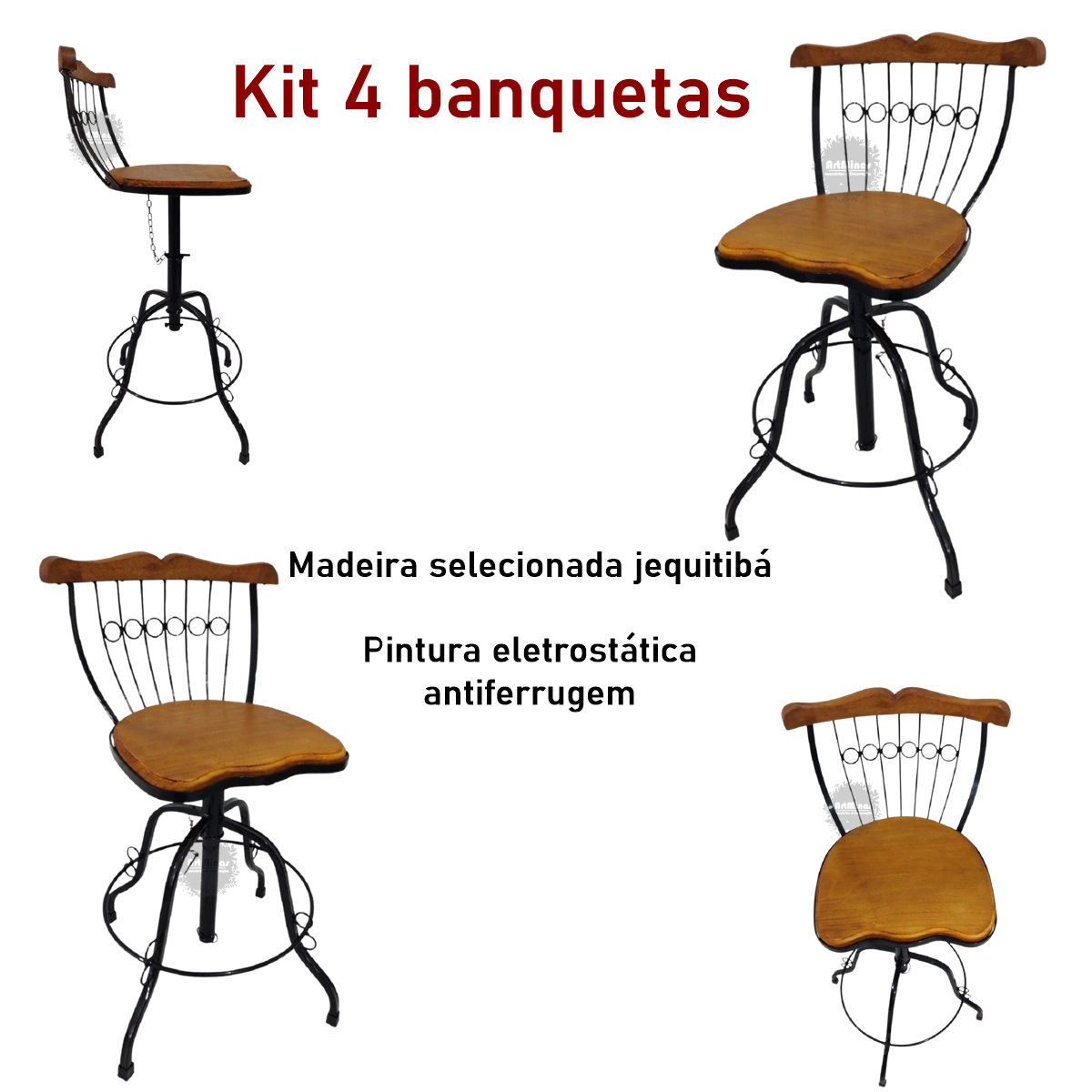 kit 4 banquetas bistrô giratória regulável artesanal ferro madeira - 3