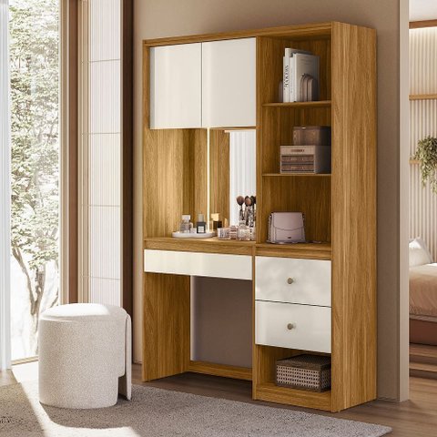 Penteadeira Camarim Multiuso com Led e Espelho com 2 Gavetas Lume - Freijó/offwhite