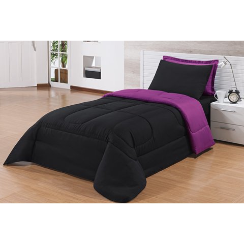 Kit Edredom Solteiro 4 Peças Pérola Preto/pink