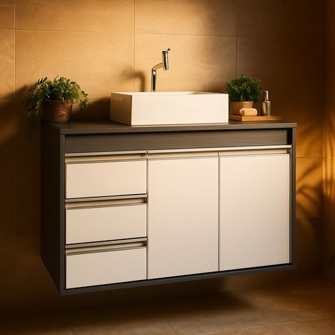 Gabinete de Banheiro com Pia e Gavetas Pérola 80cm Montado Fimap Grafite Branco