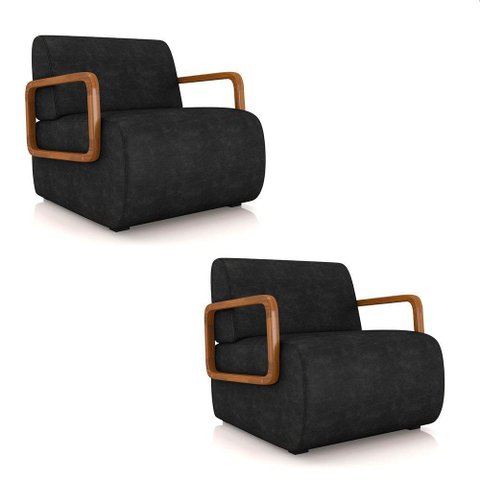 Poltrona Sala de Estar Braço de Madeira Kit 2 Hellen Sintético Pu Preto K01 - D'Rossi