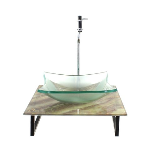 Gabinete de Vidro com Cuba Quadrada Incolor com Tampo de Vidro 40cm X 40cm Mármore Marfim Mais Torne