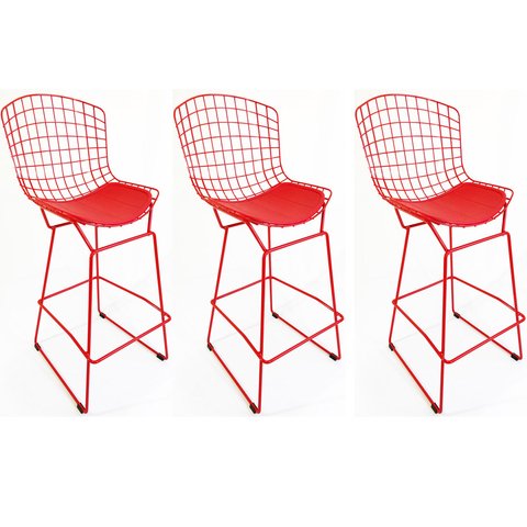 Kit 3 Banquetas BERTOIA vermelha altura 70cm - Direto de Fábrica