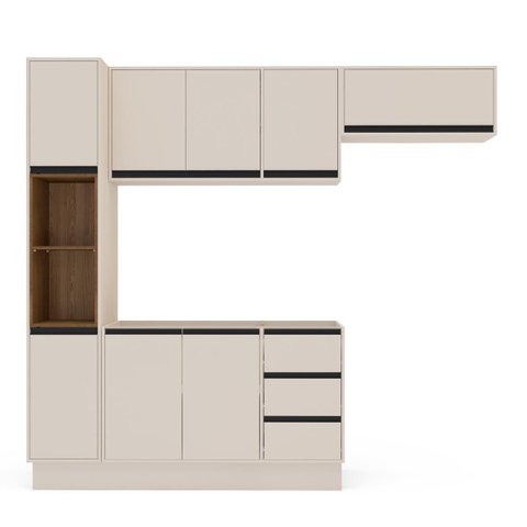 Cozinha Koya 4 Peças 236,8x214cm Armários Aéreos Paneleiro Balcão c/ Rodapé Creme 250036