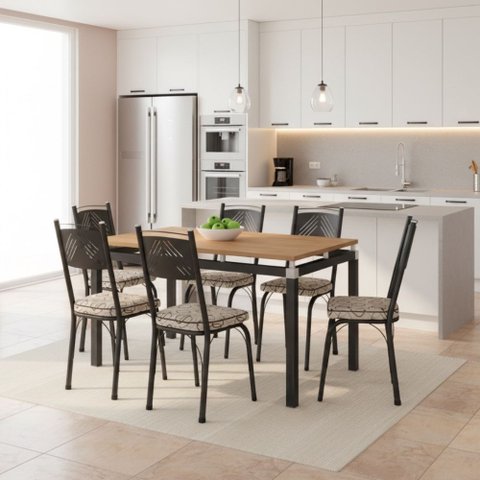 Conjunto Mesa de Jantar Tubular com 6 Cadeiras Malva Tampo Bp 136cm Nature 151 Sf Preto/cedro - Move