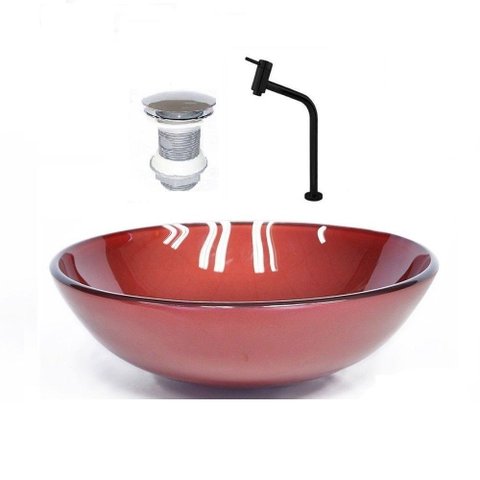 Cuba de Vidro 35cm Vermelho + Valvula + Torneira Preta