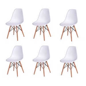 Kit 6 Cadeiras Eames Design Base Madeira Assento Branco