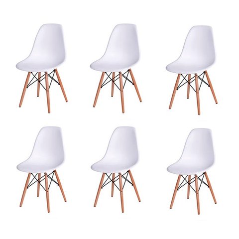 Kit 6 Cadeiras Eames Design Base Madeira Assento Branco