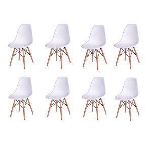 Kit 8 Cadeiras Eames Design Base Madeira Assento Branco
