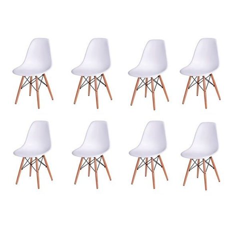 Kit 8 Cadeiras Eames Design Base Madeira Assento Branco
